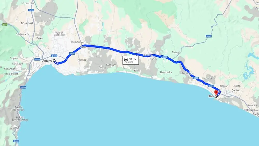 antalya-side-arasi-kac-km